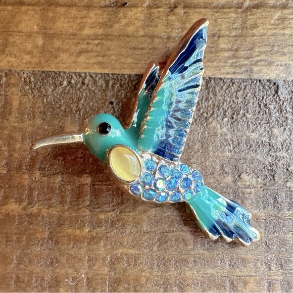 Turquoise, Blue & Yellow Hummingbird Brooch Pin Crystals Rhinestones & Enamel - Picture 8 of 12